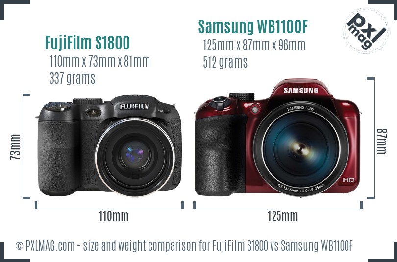 FujiFilm S1800 vs Samsung WB1100F size comparison