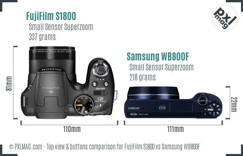 FujiFilm S1800 vs Samsung WB800F top view buttons comparison FujiFilm S1800 vs Samsung WB800F top view buttons comparison