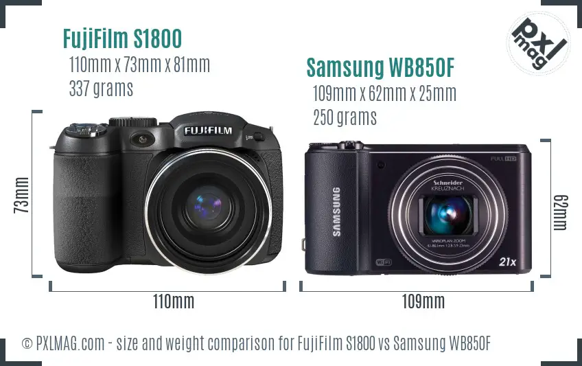 FujiFilm S1800 vs Samsung WB850F size comparison