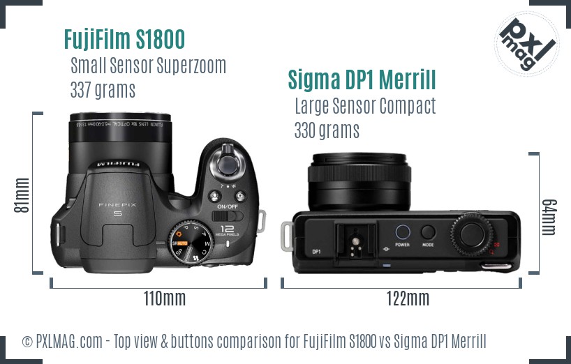 FujiFilm S1800 vs Sigma DP1 Merrill top view buttons comparison