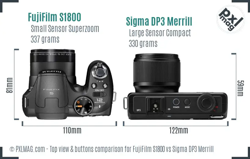 FujiFilm S1800 vs Sigma DP3 Merrill top view buttons comparison