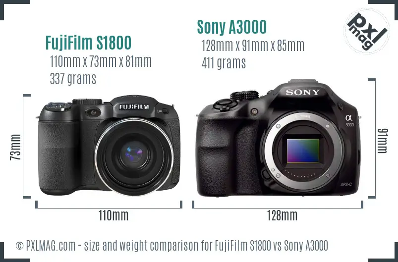FujiFilm S1800 vs Sony A3000 size comparison