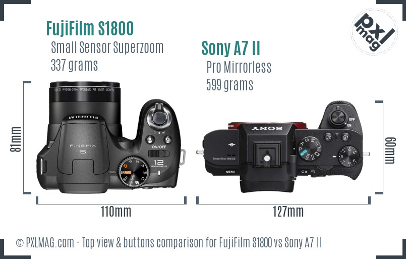 FujiFilm S1800 vs Sony A7 II top view buttons comparison