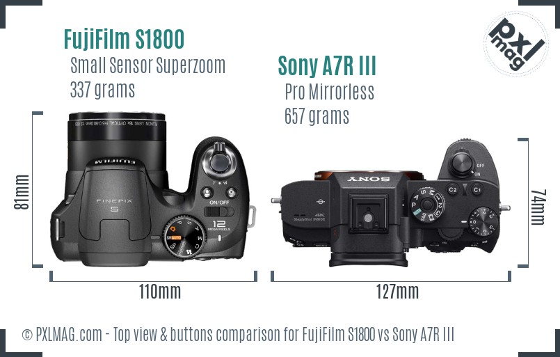 FujiFilm S1800 vs Sony A7R III top view buttons comparison