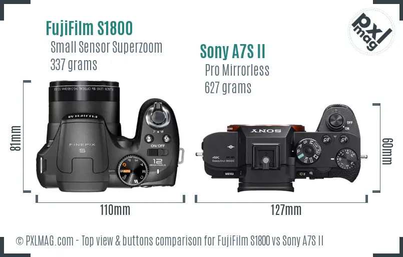 FujiFilm S1800 vs Sony A7S II top view buttons comparison