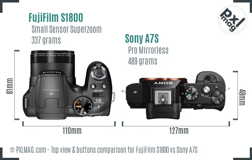 FujiFilm S1800 vs Sony A7S top view buttons comparison