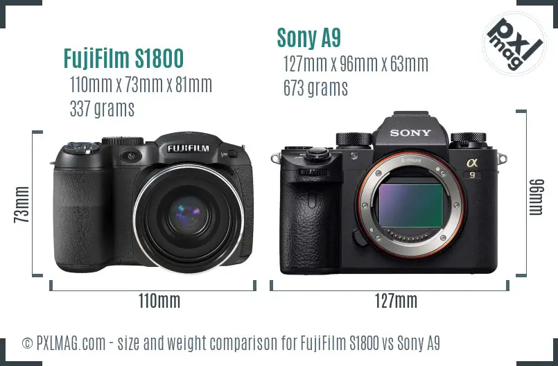 FujiFilm S1800 vs Sony A9 size comparison