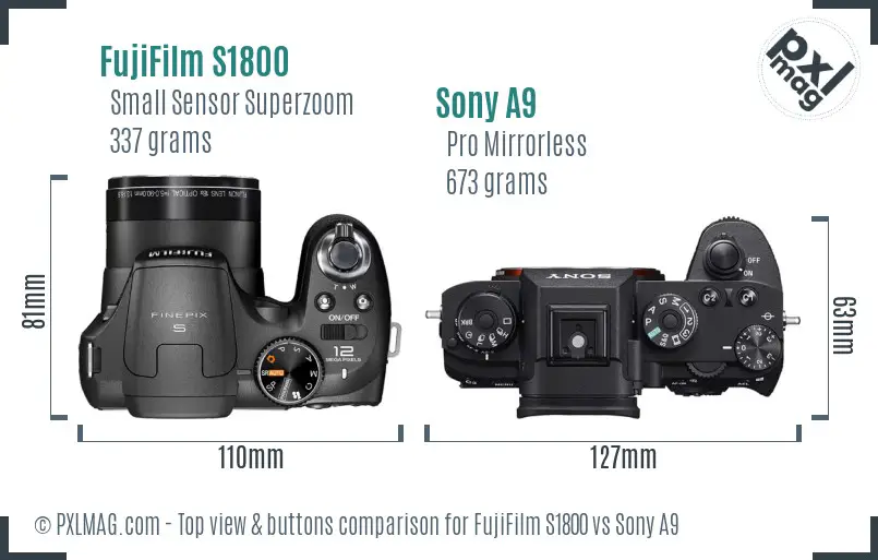 FujiFilm S1800 vs Sony A9 top view buttons comparison