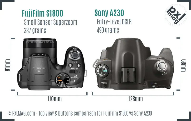 FujiFilm S1800 vs Sony A230 top view buttons comparison