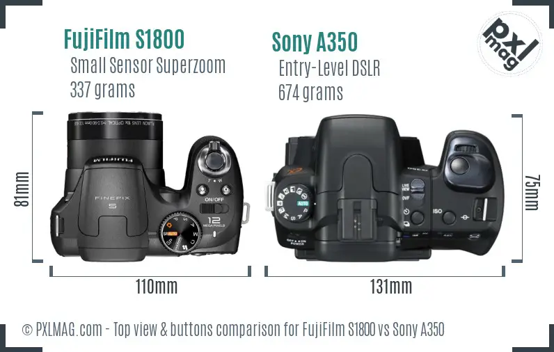 FujiFilm S1800 vs Sony A350 top view buttons comparison