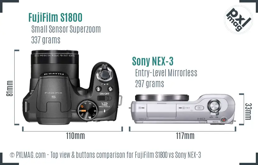 FujiFilm S1800 vs Sony NEX-3 top view buttons comparison