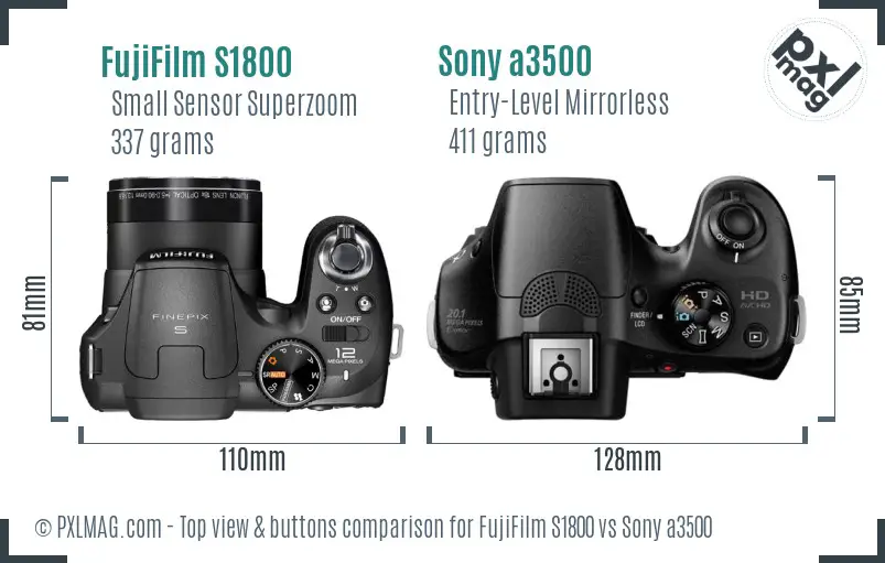 FujiFilm S1800 vs Sony a3500 top view buttons comparison