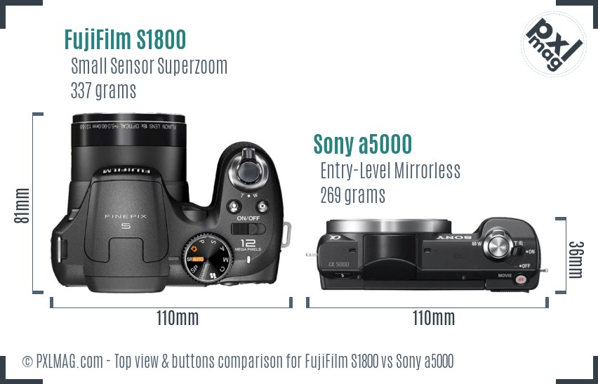 FujiFilm S1800 vs Sony a5000 top view buttons comparison
