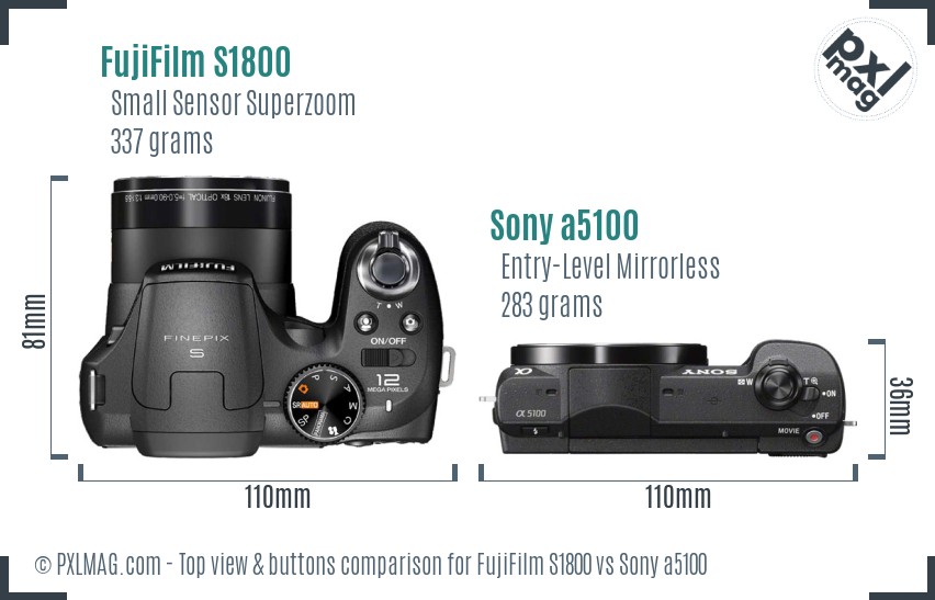 FujiFilm S1800 vs Sony a5100 top view buttons comparison