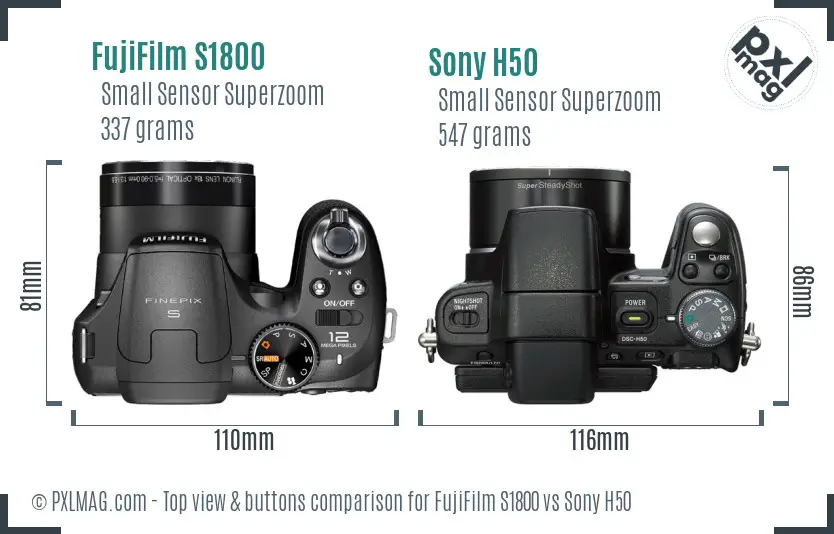 FujiFilm S1800 vs Sony H50 top view buttons comparison FujiFilm S1800 vs Sony H50 top view buttons comparison