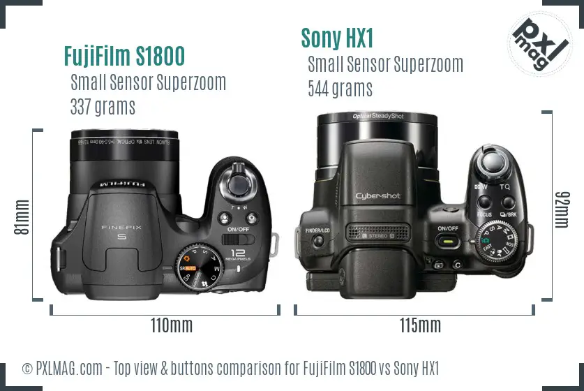 FujiFilm S1800 vs Sony HX1 top view buttons comparison