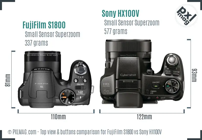 FujiFilm S1800 vs Sony HX100V top view buttons comparison