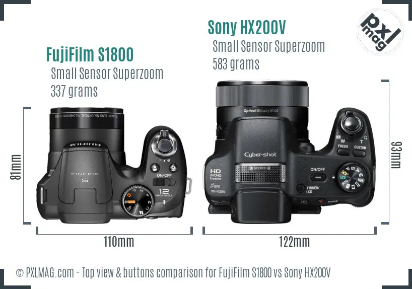 FujiFilm S1800 vs Sony HX200V top view buttons comparison