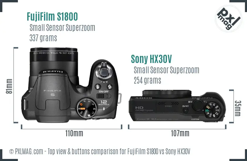 FujiFilm S1800 vs Sony HX30V top view buttons comparison