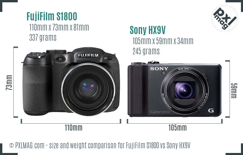 FujiFilm S1800 vs Sony HX9V size comparison