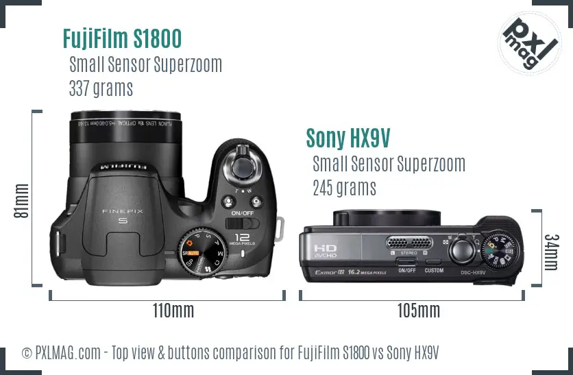 FujiFilm S1800 vs Sony HX9V top view buttons comparison