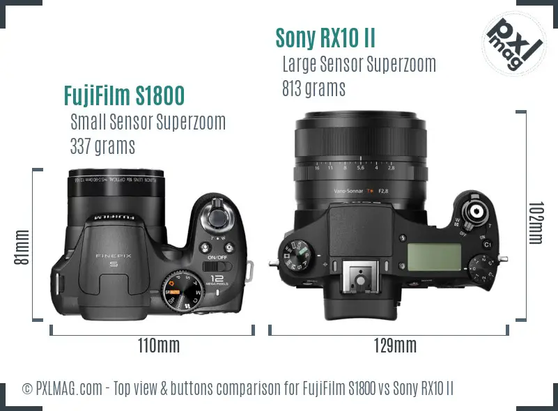FujiFilm S1800 vs Sony RX10 II top view buttons comparison FujiFilm S1800 vs Sony RX10 II top view buttons comparison