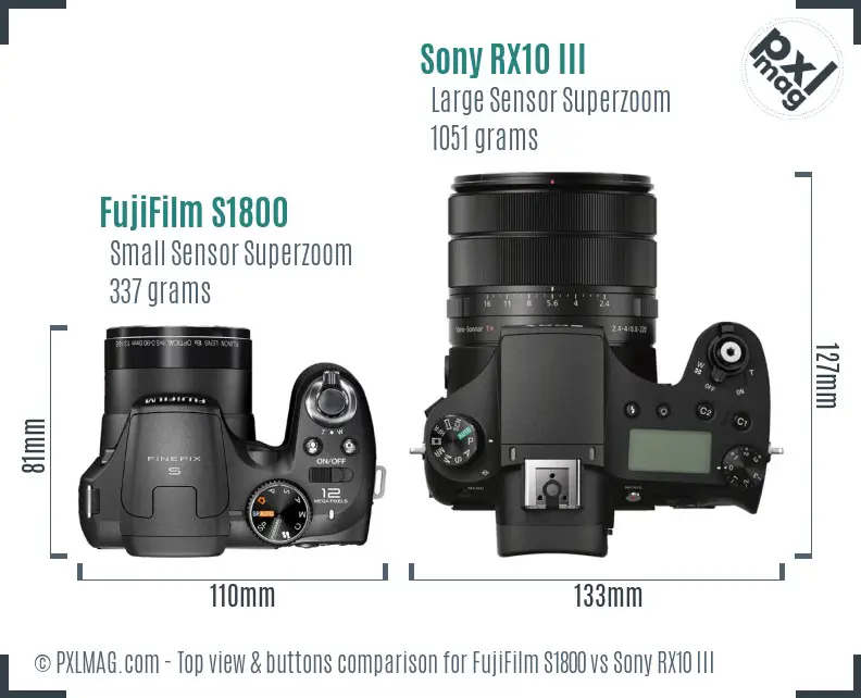 FujiFilm S1800 vs Sony RX10 III top view buttons comparison
