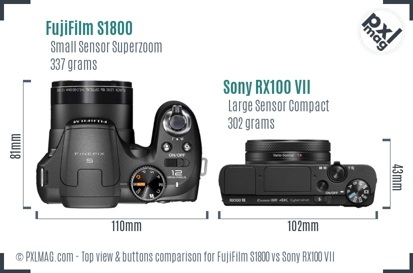FujiFilm S1800 vs Sony RX100 VII top view buttons comparison