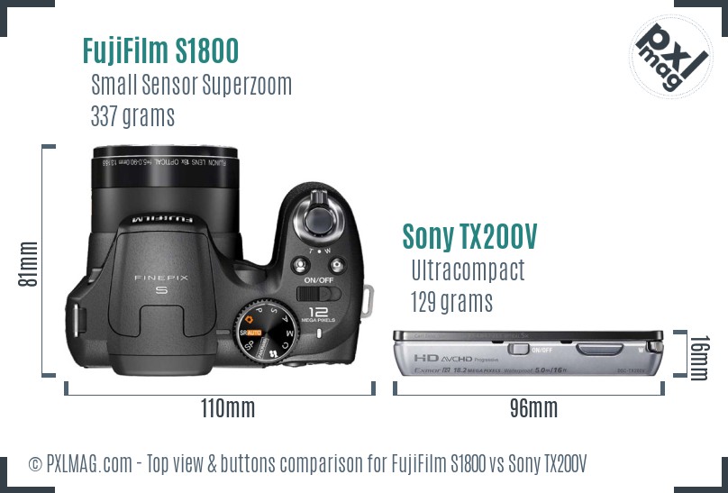 FujiFilm S1800 vs Sony TX200V top view buttons comparison