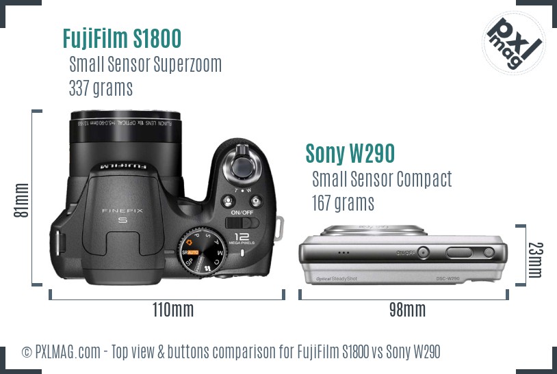 FujiFilm S1800 vs Sony W290 top view buttons comparison