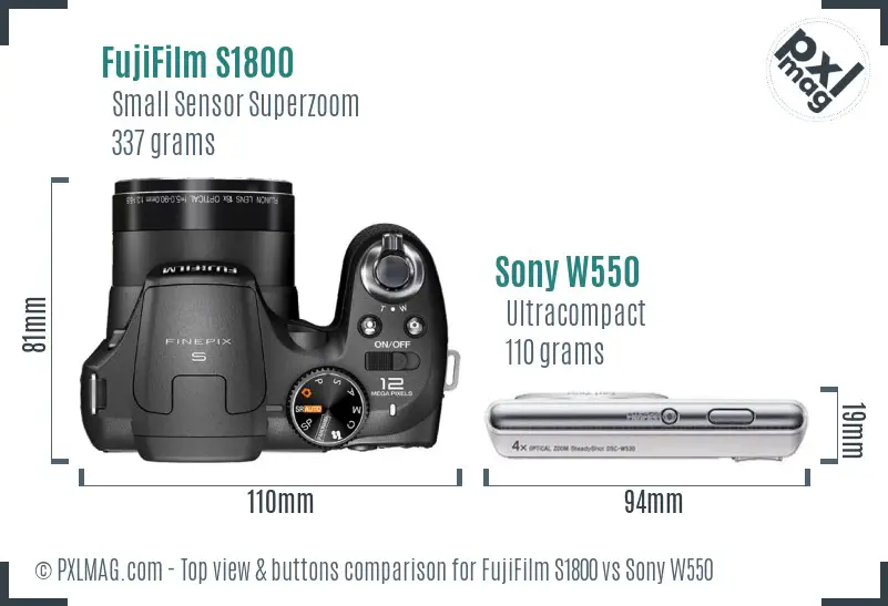 FujiFilm S1800 vs Sony W550 top view buttons comparison