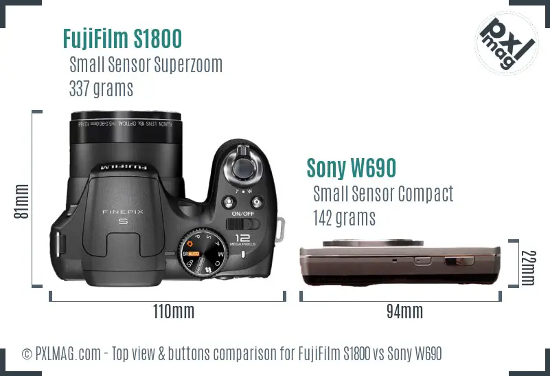 FujiFilm S1800 vs Sony W690 top view buttons comparison