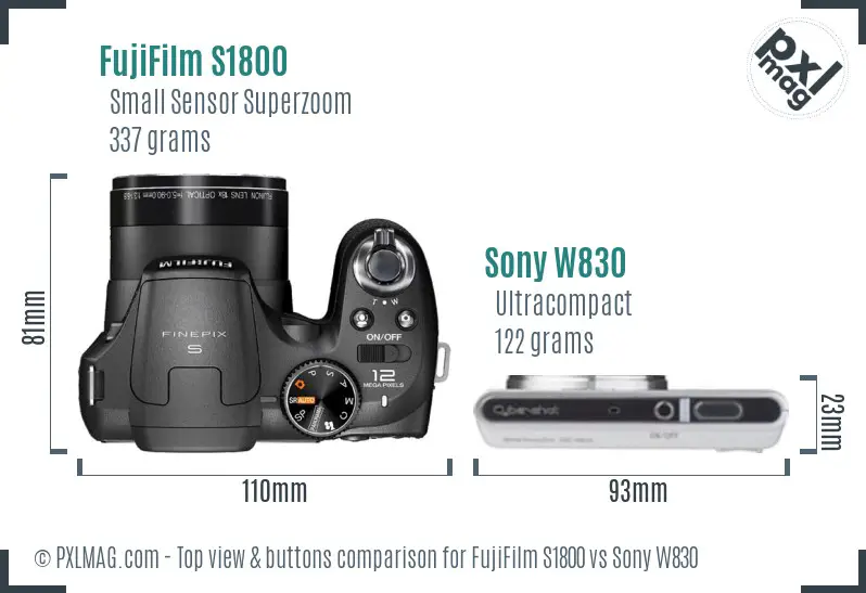 FujiFilm S1800 vs Sony W830 top view buttons comparison
