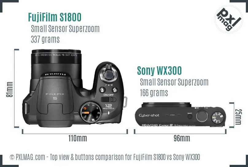 FujiFilm S1800 vs Sony WX300 top view buttons comparison