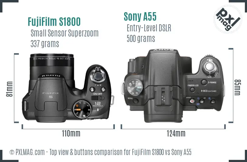 FujiFilm S1800 vs Sony A55 top view buttons comparison FujiFilm S1800 vs Sony A55 top view buttons comparison