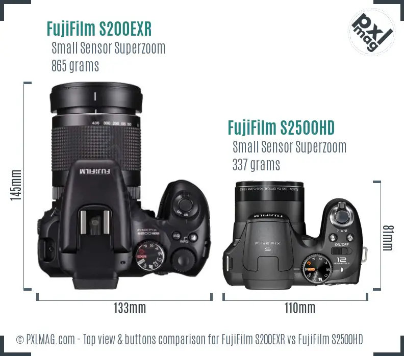 FujiFilm S200EXR vs FujiFilm S2500HD top view buttons comparison
