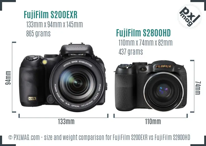 FujiFilm S200EXR vs FujiFilm S2800HD size comparison
