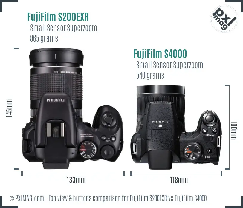 FujiFilm S200EXR vs FujiFilm S4000 top view buttons comparison FujiFilm S200EXR vs FujiFilm S4000 top view buttons comparison