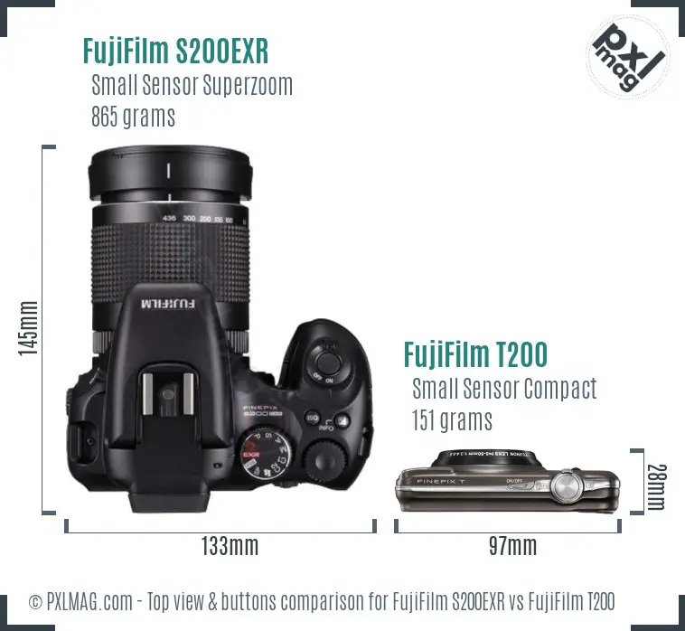 FujiFilm S200EXR vs FujiFilm T200 top view buttons comparison