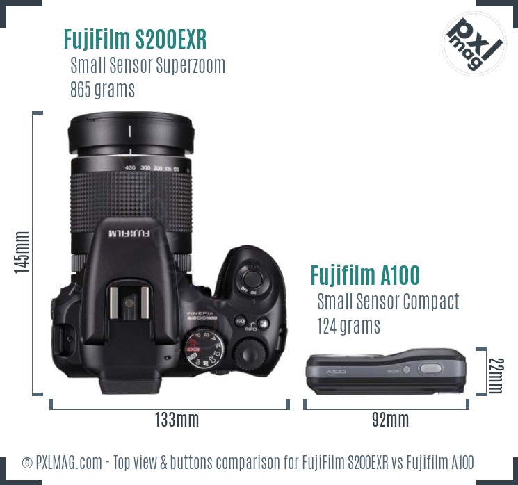 FujiFilm S200EXR vs Fujifilm A100 top view buttons comparison