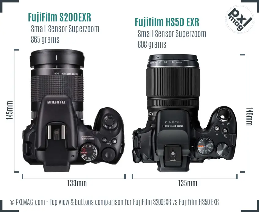 FujiFilm S200EXR vs Fujifilm HS50 EXR top view buttons comparison