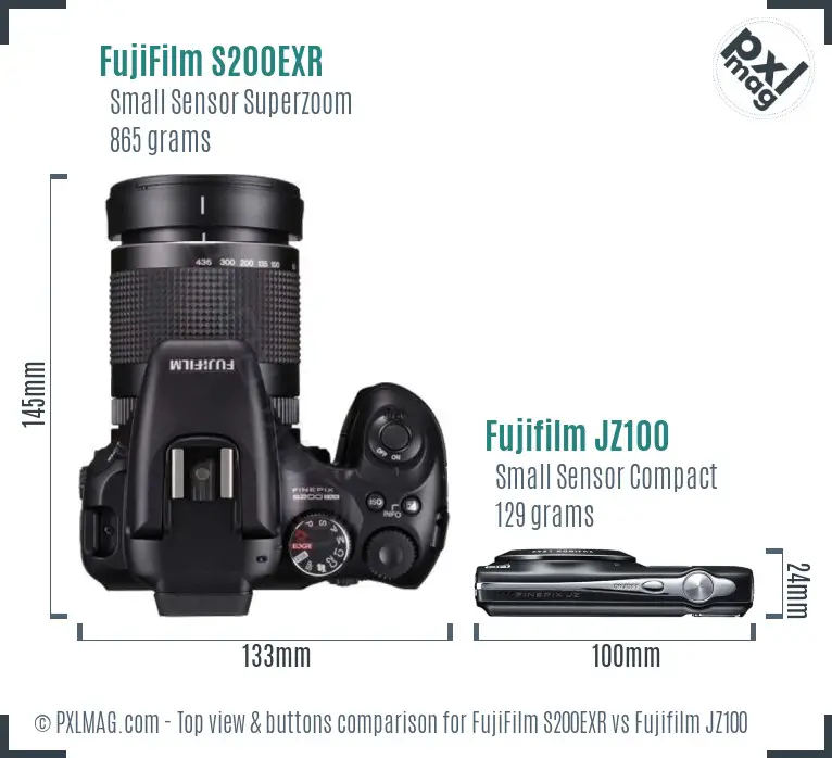 FujiFilm S200EXR vs Fujifilm JZ100 top view buttons comparison FujiFilm S200EXR vs Fujifilm JZ100 top view buttons comparison