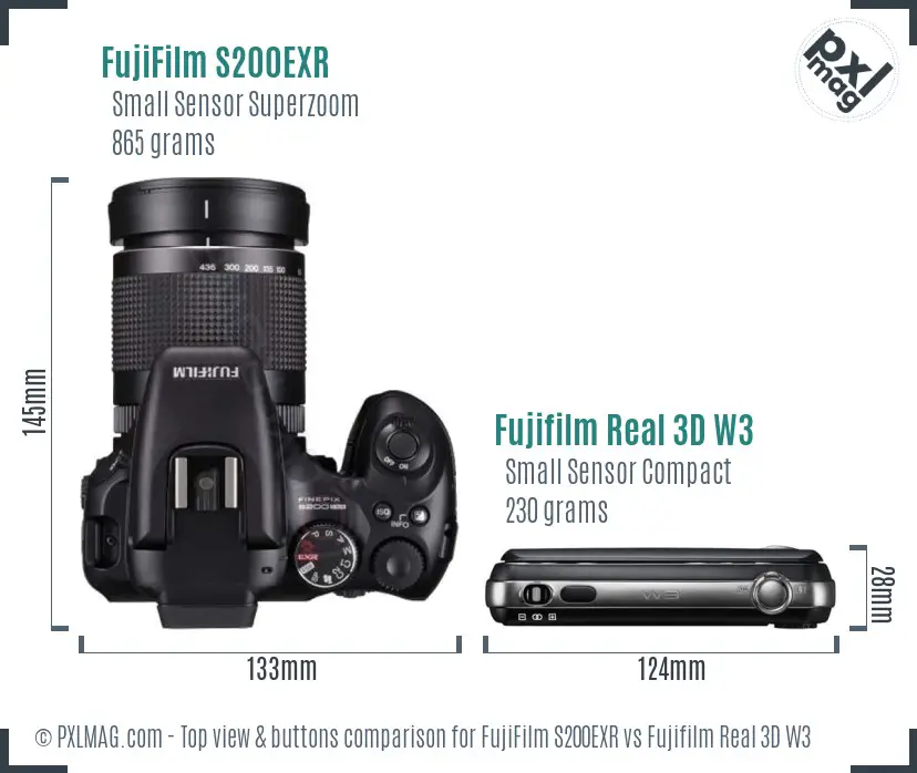 FujiFilm S200EXR vs Fujifilm Real 3D W3 top view buttons comparison