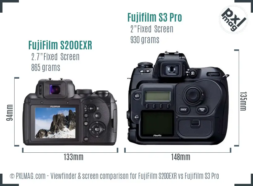 FujiFilm S200EXR vs Fujifilm S3 Pro Screen and Viewfinder comparison
