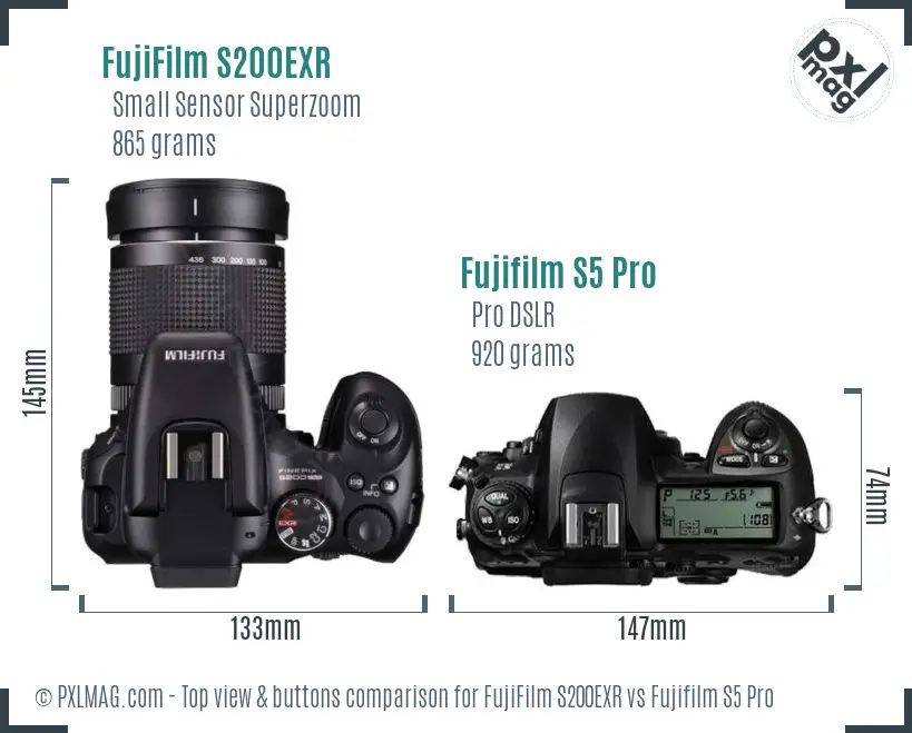 FujiFilm S200EXR vs Fujifilm S5 Pro top view buttons comparison