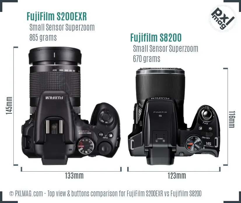 FujiFilm S200EXR vs Fujifilm S8200 top view buttons comparison FujiFilm S200EXR vs Fujifilm S8200 top view buttons comparison
