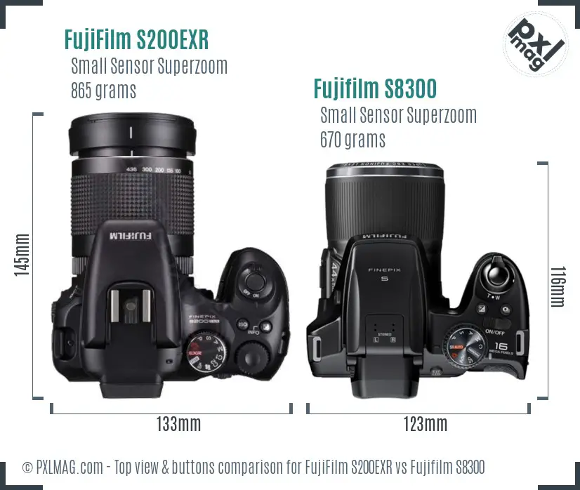 FujiFilm S200EXR vs Fujifilm S8300 top view buttons comparison