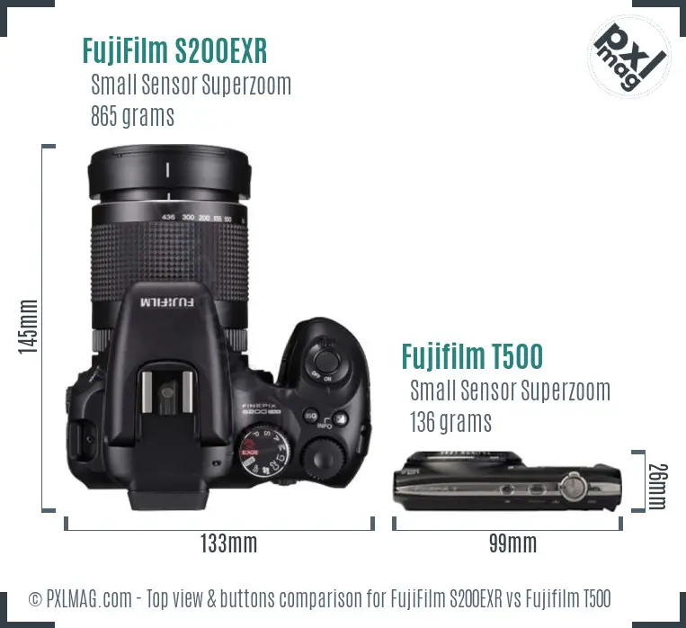 FujiFilm S200EXR vs Fujifilm T500 top view buttons comparison