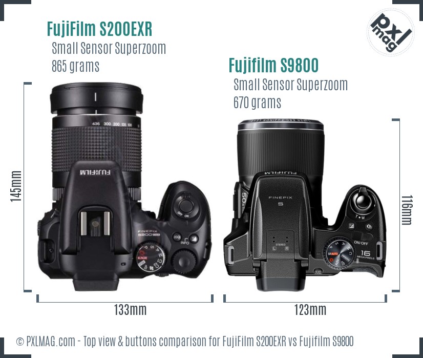 FujiFilm S200EXR vs Fujifilm S9800 top view buttons comparison