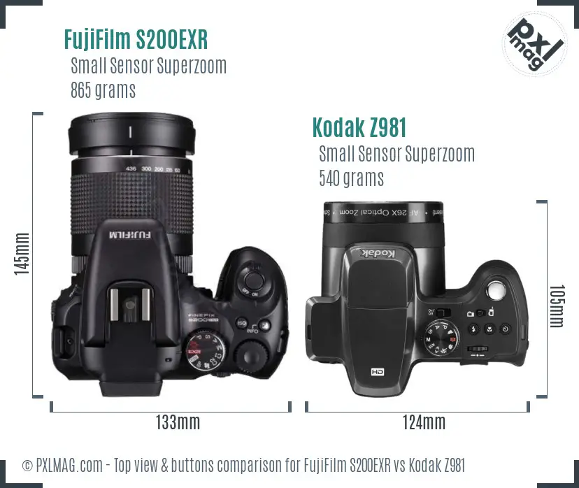 FujiFilm S200EXR vs Kodak Z981 top view buttons comparison